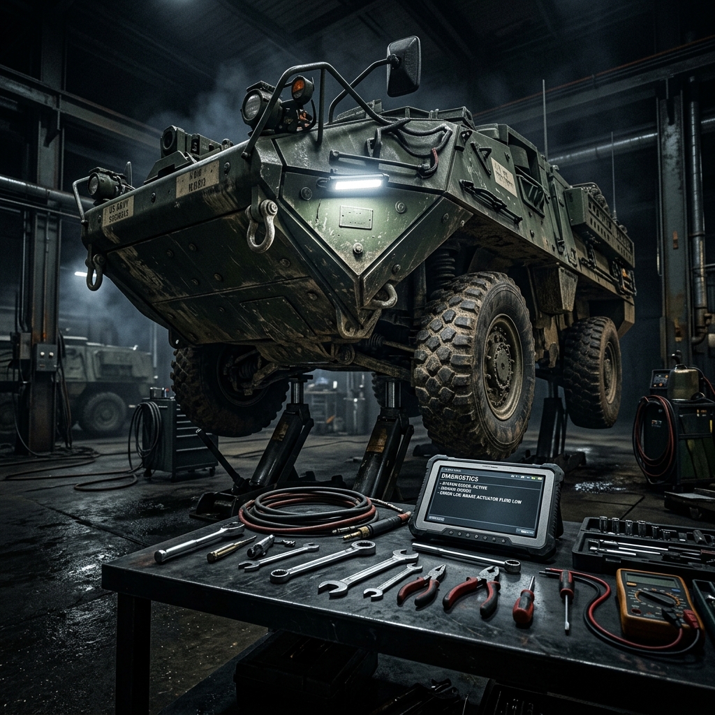 Military vehicle maintenance — diagnostic equipment and repair systems in a defense depot