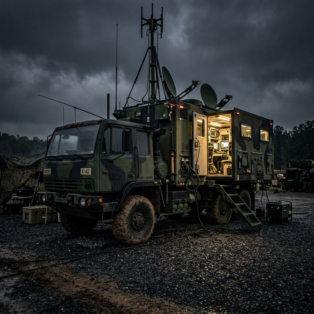 Military mobile support unit — self-contained field command and maintenance vehicle