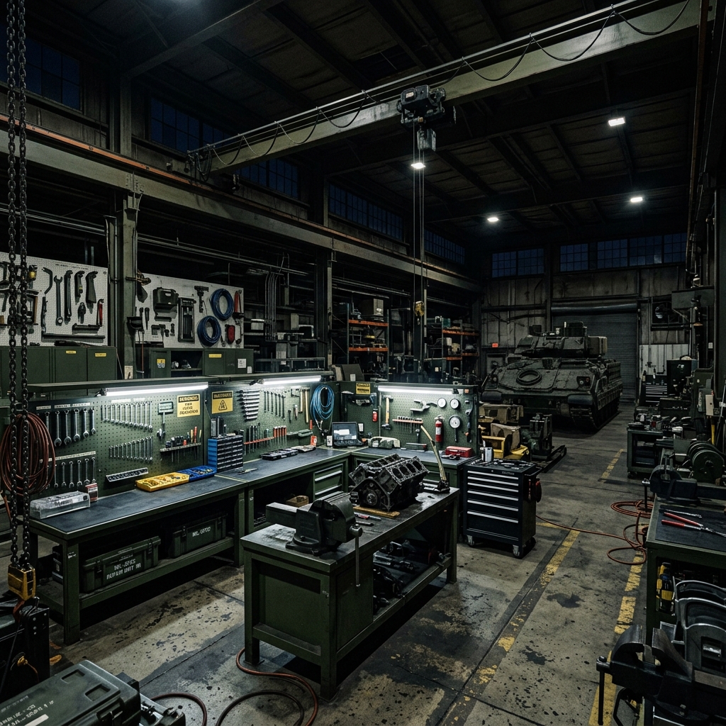 Military maintenance workshop — workbenches, tool management and overhead crane infrastructure
