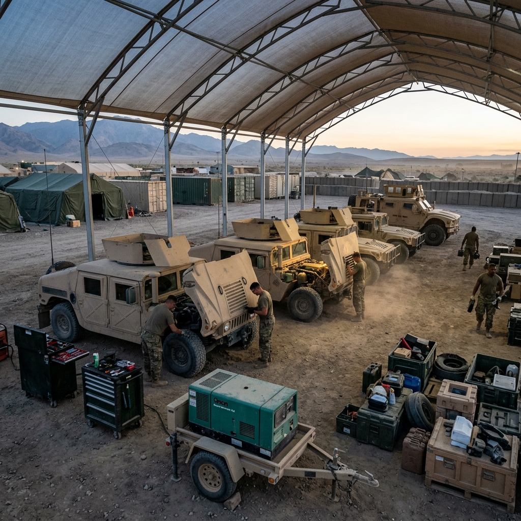Military field maintenance depot with tactical vehicles and maintenance teams