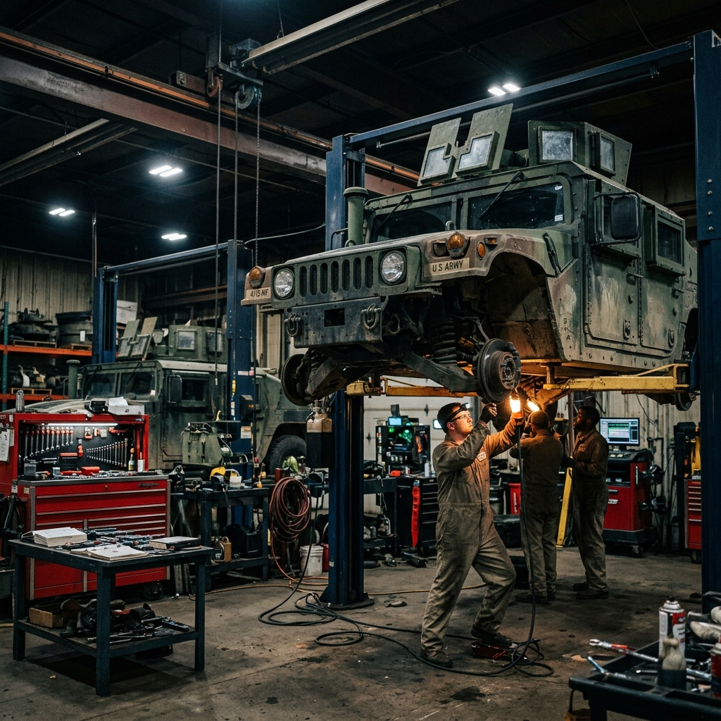 Military vehicle under active maintenance in a professional workshop environment